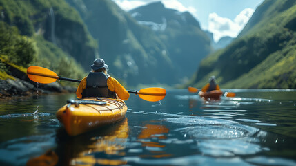 Close-up of tourists kayaking in a Norwegian fjord - obrazy, fototapety, plakaty