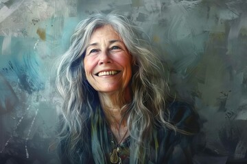 Joyful Portrait of Happy Mature Model with Radiant Smile and Confident Pose - Digital Painting - obrazy, fototapety, plakaty