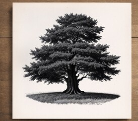 A black and white drawing of a large, mature tree standing alone in a grassy field.
