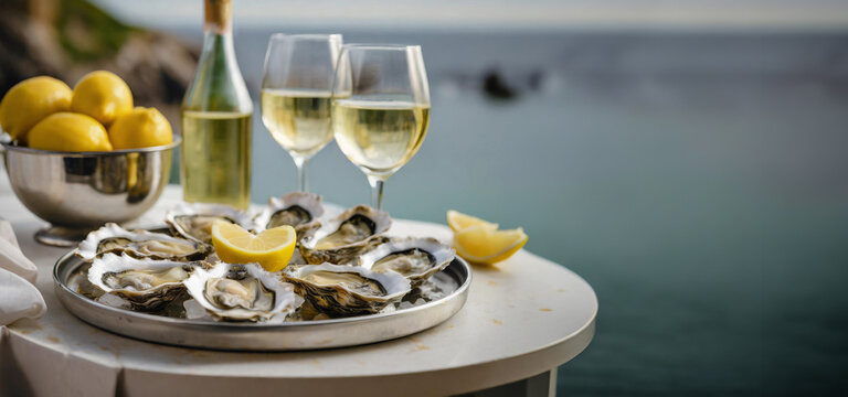 wide horizontal pic of an elegant platter of beautifully presented raw oysters on the half shell, served with glasses and a bottle of white wine and lemons at a table with a view overlooking the ocean