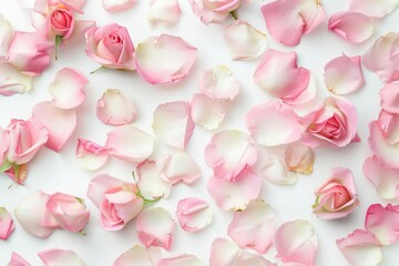 Fototapeta na wymiar Delicate Pink Rose Petals Scattered on Pure White Background - High Resolution Floral Photo