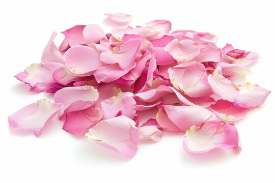 Delicate Pink Rose Petals Scattered on Pure White Background - High Resolution Floral Photo