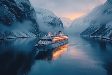 An intimate aerial snapshot of a cruise ship near Norway’s snowy peaks - obrazy, fototapety, plakaty