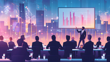 Fototapeta premium A business presentation with the background showing a cityscape and digital graphs