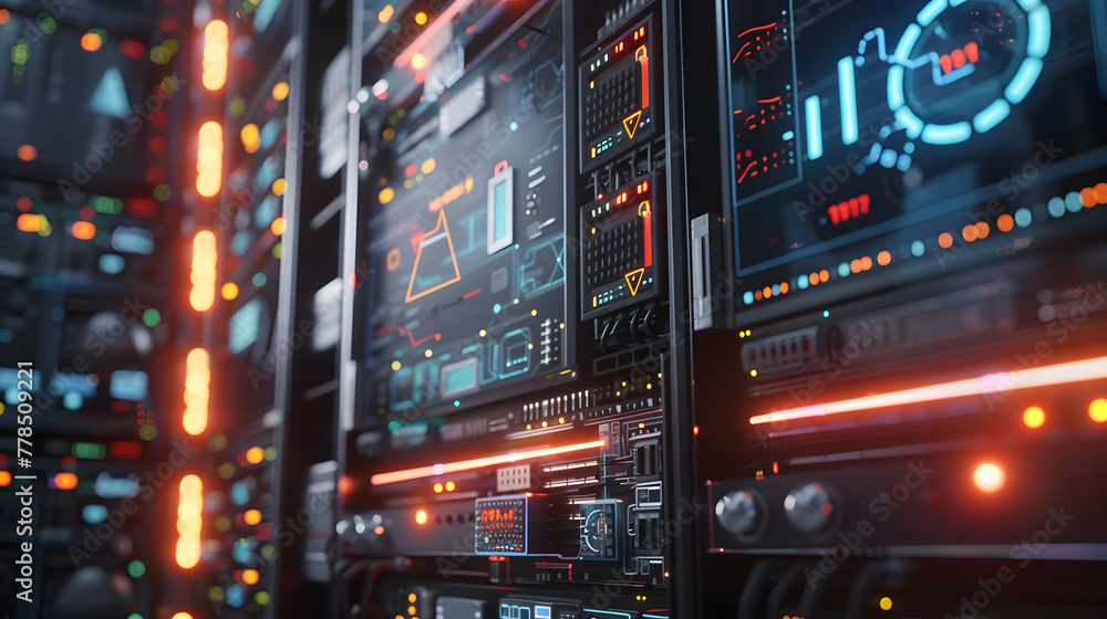 Poster a closeup of an advanced server rack with glowing holographic screens displaying data and security i