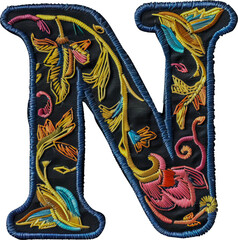Embroidered patch of letter 'N' cut out on transparent background