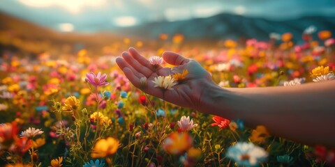 Photo of a traveler's hand holding the delicate flowers of a Norwegian meadow