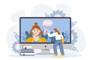 Foreign language lesson concept. Woman studying english for international communication and interaction. Education, learning and training. Cartoon flat vector illustration isolated on white background