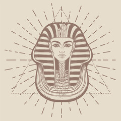 King Tutankhamun mask, ancient Egyptian pharaoh. Hand-drawn vintage vector outline illustration. Tattoo flash, t-shirt or poster design, postcard, coloring book page. Egypt history. - 778509416