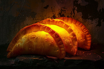 An artistic composition of Argentine empanadas, with the golden pastry illuminated against a dark,...