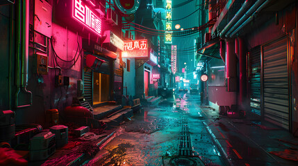 A cyberpunk-inspired scene of a neon-lit alleyway, with holographic advertisements and augmented reality interfaces projected onto the gritty, rain-soaked streets
