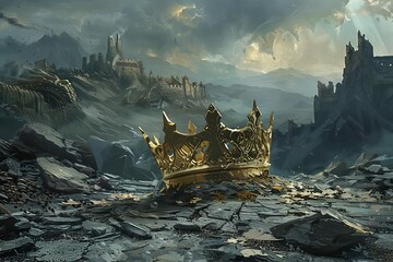 Medieval fantasy concept of a fallen kingdom, crumbling castle ruins, and a shattered golden crown, digital painting