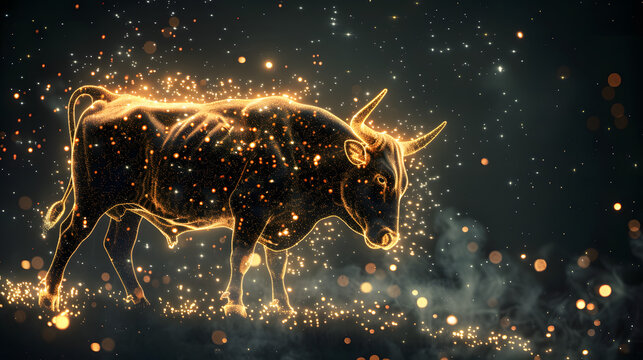 A cute bull made of glowing particles in the style of digital art, on a dark background, for a high definition wallpaper