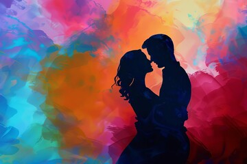 Silhouette of a young couple dancing passionately against a vibrant, colorful background, side view, abstract digital illustration