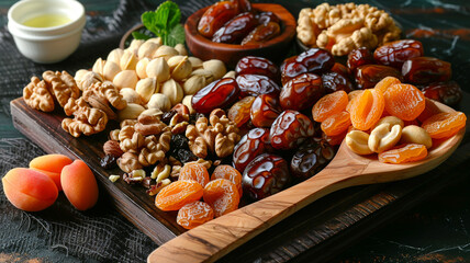 An expansive shot of a wooden spoon next to a variety of dried fruits and nuts, including dates, 
