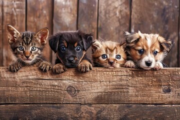Adorable puppies and kittens peeking from behind a rustic wooden banner, empty space for text, pet store or veterinary clinic advertising poster concept, digital illustration