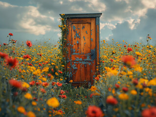 Tür auf der Blumenwiese, das Tor zur Welt - obrazy, fototapety, plakaty