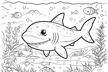 Smiling shark and fish underwater coloring page for children. Black and white picture. AI Generated 