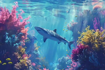 Serene underwater scene with sharks swimming peacefully among colorful coral formations, ocean wildlife digital painting