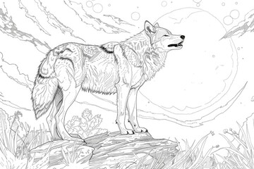 Wolf standing on the rock howling at the moon coloring page for children. Black and white picture. AI Generated 