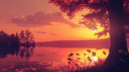 Sunset Symphonies and Reflective Melodies by the Lake. Sunset anime lake with golden hour view. 4K Loop Animation Video For LoFi Music. lofi light.