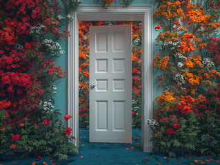 Fototapeta na wymiar Tür auf der Blumenwiese, das Tor zur Welt