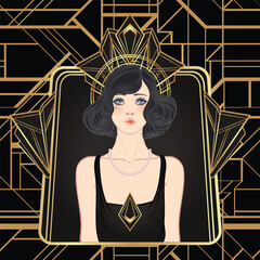 Art Deco vintage invitation template design with illustration of flapper girl over patterns and frames. Retro party background set in1920s style. Vector for glamour event, thematic wedding or jazz - 778510265