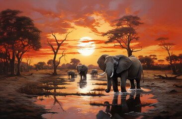 Elephants at Sunset by Waterhole