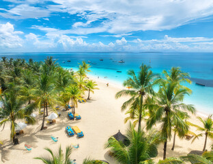 Aerial view of white sandy beach with palm trees, sunbeds, umbrellas, yachts, boats, blue ocean,...