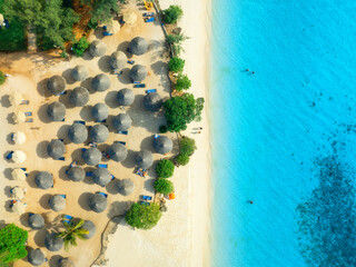 Aerial view of green palm trees, umbrellas on the empty sandy beach, blue sea at sunset. Summer travel in Nungwi, Zanzibar island. Tropical landscape with palms, white sand, clear ocean. Top view - 778510848
