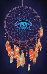 Hand drawn Native American Indian talisman dreamcatcher with feathers and moon. Vector hipster illustration isolated on dark blue. Ethnic design, boho chic, tribal symbol. Coloring book for adults. - 778510882