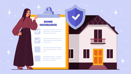 Home insurance concept. Woman with financial literacy and passive inome. Safety and protection of real estate and private property. Cartoon flat vector illustration isolated on blue background