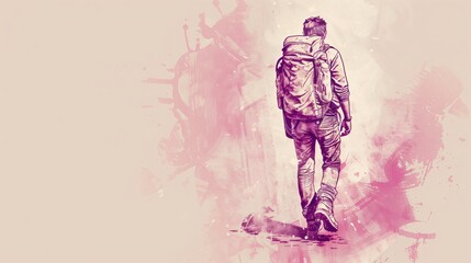 Fototapeta na wymiar Vintage portrait of a weary traveler with a backpack and worn-out boots. White and Pink tones. Grunge style illustration