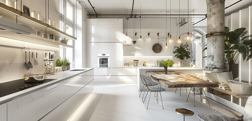 A futuristic kitchen with seamless white surfaces and integrated smart technology, harmonized with touches of old-world charm such as a reclaimed wood dining table and vintage-inspired pendant lights.