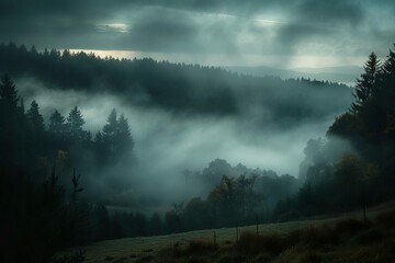 Mystical rising fog in Black Forest, Germany, dark moody landscape panorama, atmospheric scene