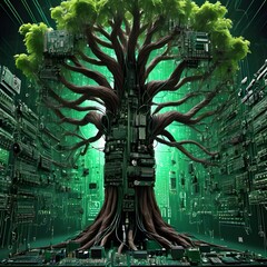 giant tree made of electronic parts and mechanic parts made of wires and hardware green matrix code background