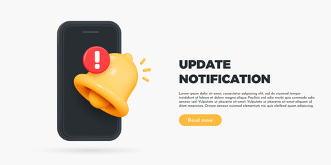 3D Phone with Bell notifications and update time. Subscribe to upgrade. New important message. Social media reminder. Update software. Cartoon creative design vector illustration for web page banner - obrazy, fototapety, plakaty