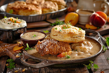 A Southern-style brunch spread, featuring buttermilk biscuits, gravy, fried chicken, and waffles, alongside peach cobblers and sweet iced tea.  - obrazy, fototapety, plakaty