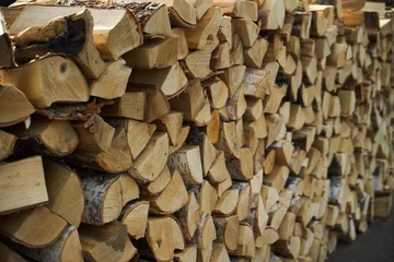 Deurstickers chopped firewood, wood, birch, firewood for the barbecue © Aleksandr