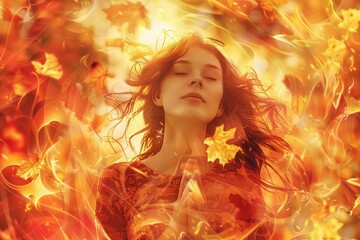 Sensual woman in euphoric trance, surrounded by swirling autumn leaves, experiencing spiritual awakening and divine ecstasy, conceptual digital painting - obrazy, fototapety, plakaty