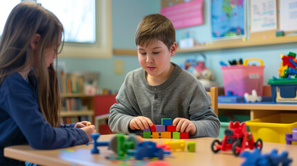 Fototapeta premium Focused Boy Building with Colorful Blocks in Elementary School Setting