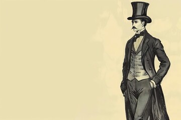 Dapper Regency Era gentleman in elegant top hat, tailored suit vest, and long jacket, vintage fashion illustration