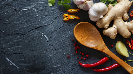 A wooden spoon resting on a dark, slate background, encircled by a neat arrangement of fresh, organic garlic bulbs, chili peppers, and ginger root - obrazy, fototapety, plakaty