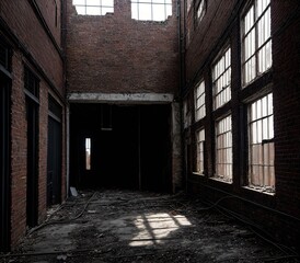 An image of an old, abandoned building with broken windows and a dark interior.