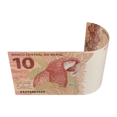 Flying 3D Brazilian 10 Reais Currency Notes with Transparent Background