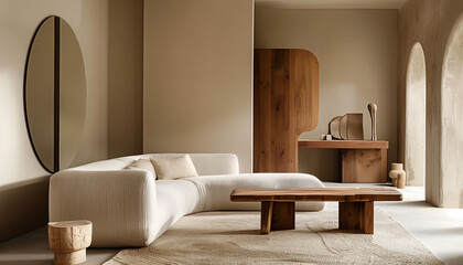 Beige Living Room Interior. Sofa and Coffee Table. Wabi Sabi style