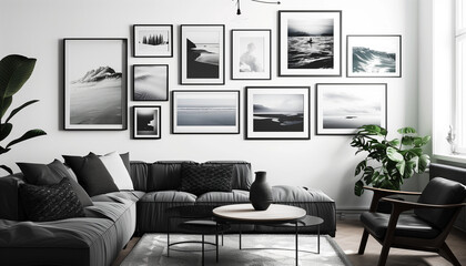 Living Room with Posters Gallery on Wall in Scandinavian Style. Design of 2024