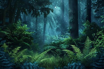 Enchanting forest scene with lush green ferns illuminated by the soft glow of a midsummer night, digital painting