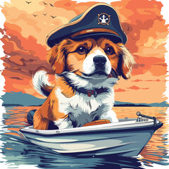A whimsical illustration of a dog wearing a captain's hat and steering a boat on a tranquil summer lake, with a gentle breeze blowing, Vector, Cartoon , T - shirt design - obrazy, fototapety, plakaty