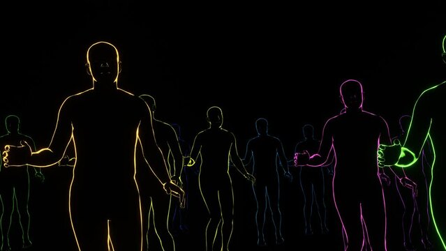 Crazy dance of neon people on black background, VJ Loop